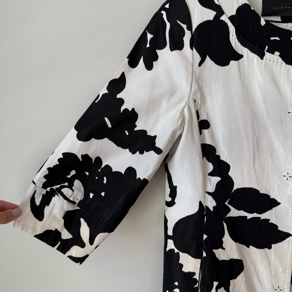 Elie Tahari | Black and White Floral Long Jacket - Picture 2 of 7